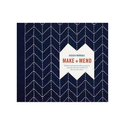 Book cover with a blue and white pattern and text 'Make + Mend' on a white background