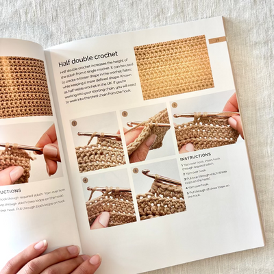 Open book showing crochet instructions with close-up images of hands and crochet work.