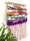 Colorful woven wall hanging with pom-poms and a plant in the foreground