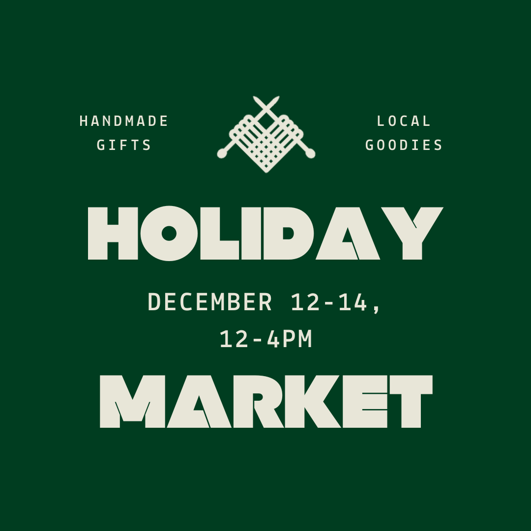 Advertisement for a holiday market event with text and a logo on a green background