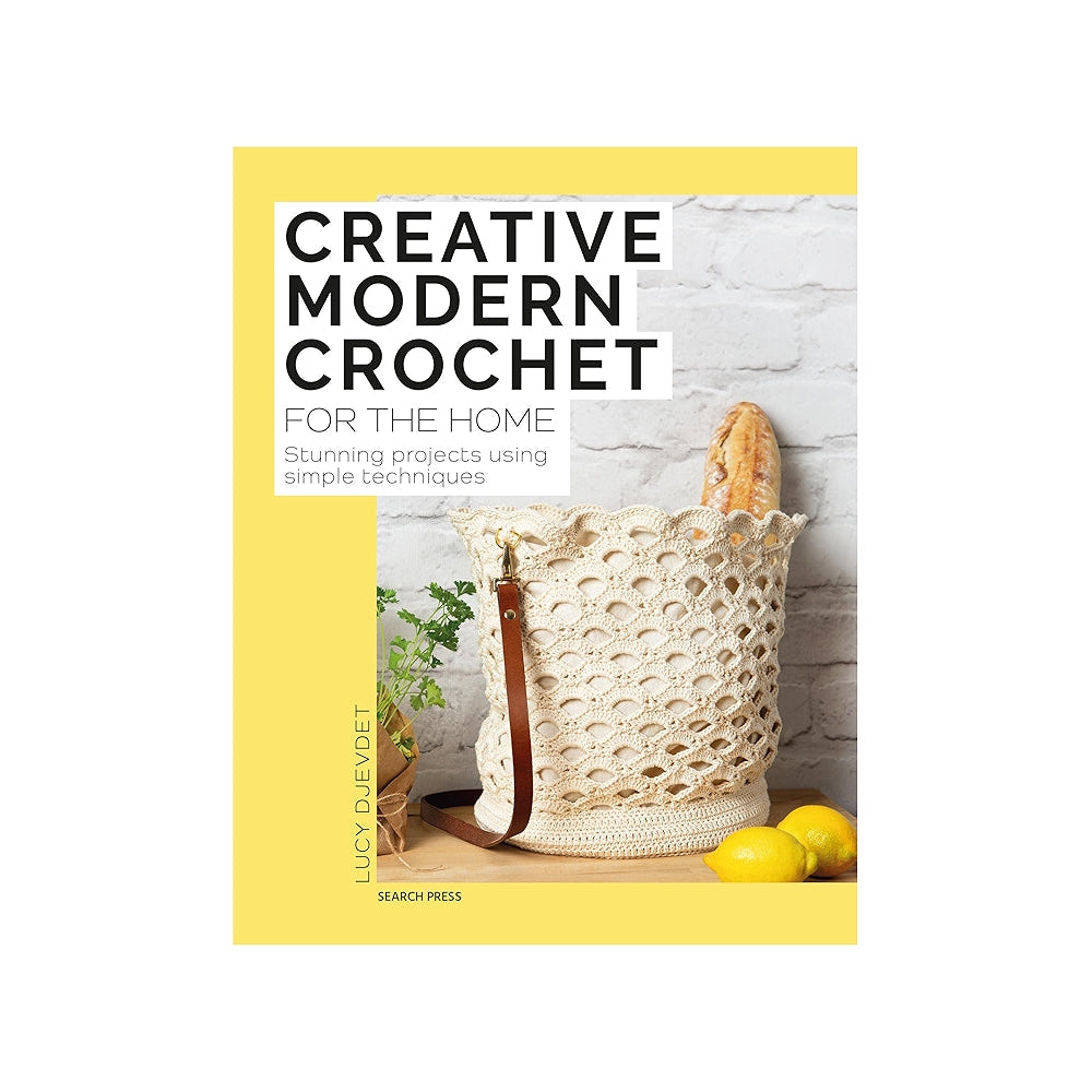 Book cover of 'Creative Modern Crochet for the Home' with a yellow background and crochet basket image.