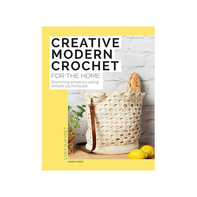 Book cover of 'Creative Modern Crochet for the Home' with a yellow background and crochet basket image.