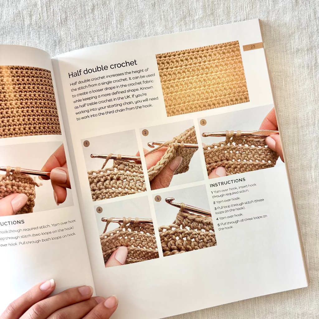 Open book showing crochet instructions with close-up images of hands and crochet work.
