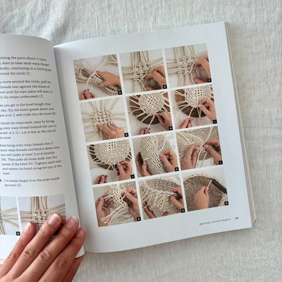 Open book showing a tutorial on weaving with macrame techniques.